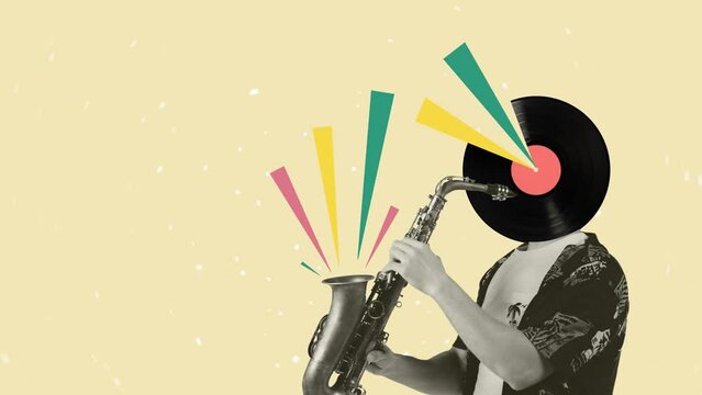 Stop motion, animation. Stylish hipster, man playing saxophone on magazine paper background. Modern design