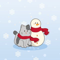 "Cute little cat and the snowman" with cute kawaii coloured background for children book illustration, children agenda and notebook