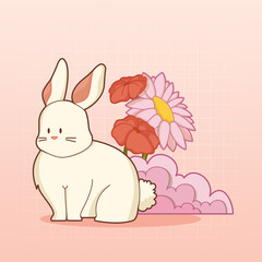 "Shy bunny and flowers" with cute kawaii coloured background for children book illustration, children agenda and notebook