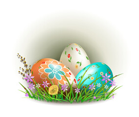 Easter composition with Easter eggs, grass and flowers.