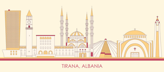 Cartoon Skyline panorama of city of Tirana, Albania - vector illustration