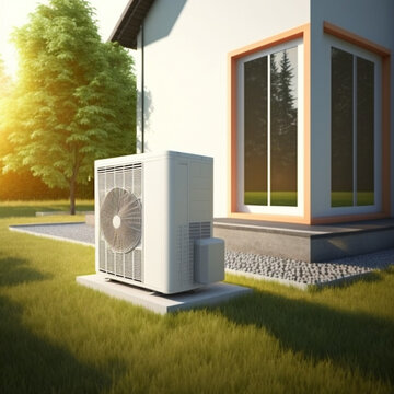 Air heat pump in the garden. Generative AI.