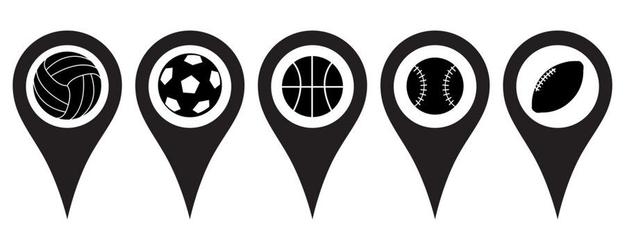 Pin location icons. A set of cartographic signs with the image of sports balls. Attach icons on a flat map to mark the location of a sports club, stadium, or competition. Vector illustration
