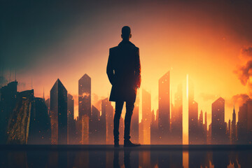Fototapeta na wymiar Business man standing top of building looking city skyline background. Generative AI