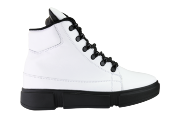 White leather winter boot with black sole isolated on white background.