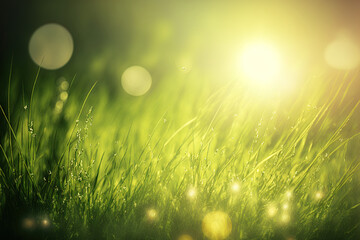 Fototapeta na wymiar Bright spring grass field with sunlight bokeh background. Generative AI