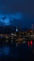 Naklejka premium Puerto de Tromsø, barcos sobre las aguas del Ártico.