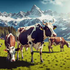Fototapeta na wymiar Cows grazing in the middle of nature in a landscape with snowy mountains. Generative AI.