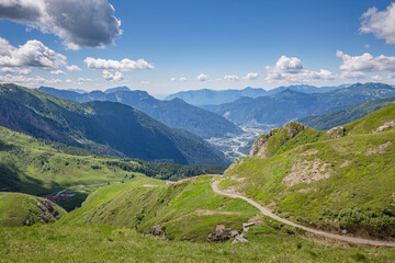 Beautiful nature. Mountain hiking Trail Road. Italy Lago Avostanis Casera Pramosio Alta