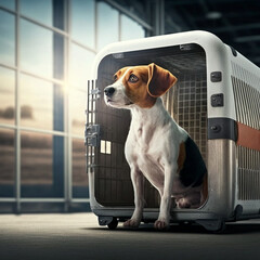Dog in a transportation cage in the airport. Generative AI.