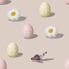 Seamless isometric pattern with Easter eggs, butterflies and flowers on beige background. Trendy design for print, textile, wrapping paper. Hard light. Happy Easter. Seamless texture. 3d render.