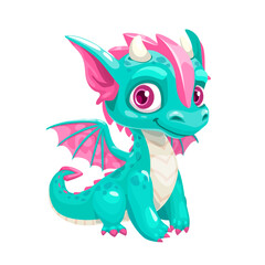 Little cute cartoon blue baby dragon, vector icon.