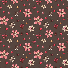 seamless pattern with bright flowers and leaves on brown background, vector illustration