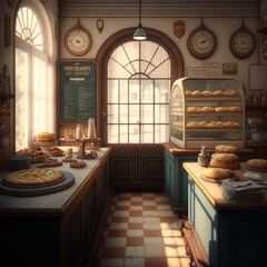Interior of a bakery or pastry shop. Generative AI.