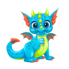Little cute cartoon blue baby dragon, vector icon.