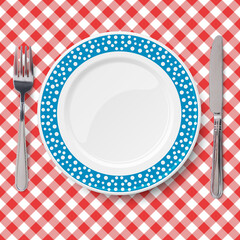 Blue dish with pattern of chaotic white polka dot placed on red check classic table cloth