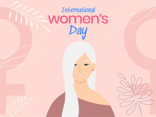 Older woman celebrating International Women's Day around flowers. Vector illustration.