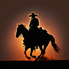 Fototapeta na wymiar Cowboy on a horse at sunset. Generative AI.