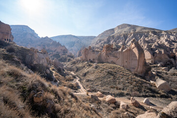 Nevsehir, Turkey - January 15, 2023: Walking Path and Fairy Chimneys in the Zelve Valley of Cappadocia