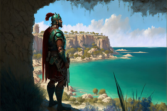Numidian warrior overlooking the Mediterranean sea. Numidian soldier atop hill looking out into the distance. Historic recreation of an antique warrior in ancient Algeria. generative ai