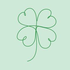 Saint Patrick's Day four leaf clover leaf, Continuous line art vector illustration