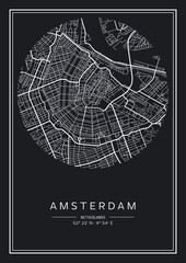 Black and white printable Amsterdam city map, poster design, vector illistration.