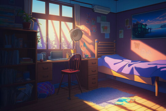 An illustration of a 90's teenager's bedroom in an anime style, featuring a bed, computer desk, and sun streaming in through the window. Nostalgic interior atmosphere. generative ai