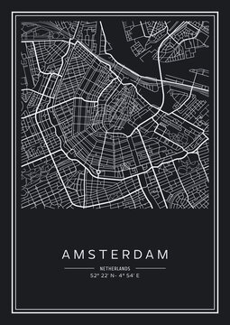 Black and white printable Amsterdam city map, poster design, vector illistration.