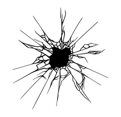 Broken glass effect with cracked bullet hole with sharp edges and shatters. Illustration of isolated template design