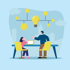 The concept of illustration someone is discussing and having ideas, meetings in work discussion