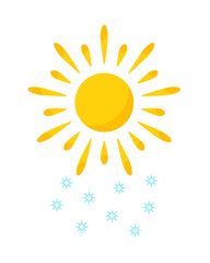 Sun and falling snowflakes in winter day. Weather forecast element. Illustration in cartoon design
