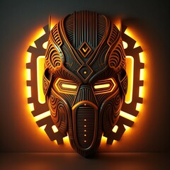 Traditional looking African mask. Neon lights coming from the back of the mask. Technology and ancient looking.  Generative AI. 