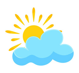 Fototapeta premium Sun, blue snowy cloud and falling snowflakes. Weather forecast element. Illustration in cartoon design