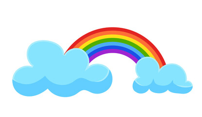 Colorful rainbow sign and blue clouds. Weather forecast element. Illustration in cartoon design