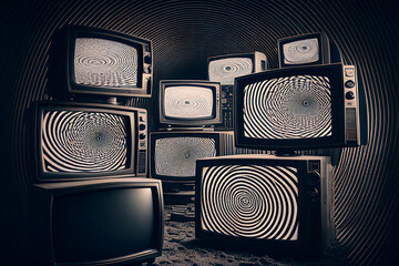 A lot of retro televisions in dark room. TV addiction, propaganda and fake news concept. Created with Generative AI - obrazy, fototapety, plakaty