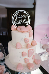 Birthday Cake, table with sweets, candies, dessert. Delicious reception. Copy space. Celebration concept. Trendy Candy bar.