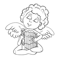 Cute cupid with harp vector doodle art. Outline little angel or god eros with an arph. Cute amur baby, heart hunter romantic character. Design for coloring page, Valentines day, cards