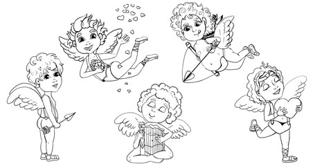 Cute cupid babies vector doodle set. Outline little angels or gods eros. Cute amur babies, heart hunters romantic characters. Design for coloring page, Valentines day, cards, posters, template.