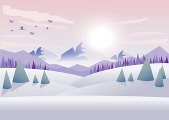 Vector illustration Winter mountains snowy landscape. Cartoon simple winter landscape. Christmas Landscape background.
