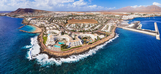 Lanzarote island, Playa Blanca resort. aerial drone panoramic view. Canary islands of Spain