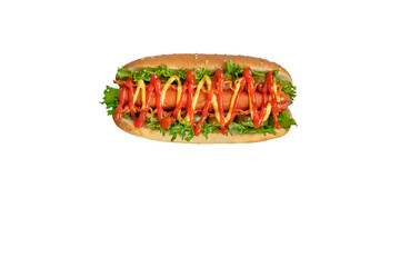 Hot dog with lettuce, pickles, bacon, ketchup and mustard. Isolated image. Top view.
