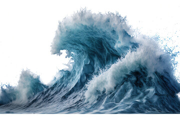 Large stormy sea wave in deep blue, isolated on white. Nature of the climate. in front. Generative AI - obrazy, fototapety, plakaty
