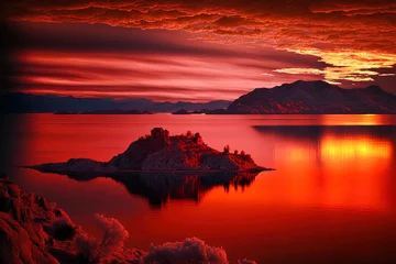 Foto op Canvas Over Titicaca Lake, at sunset in Peru, is a red sky. Heaven's clouds of fire. Quietness, peace, relaxation, zen, and meditation. Generative AI © 2rogan