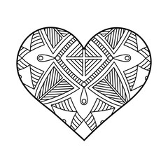 Vector heart linear illustration with geometric pattern. Outline mandala ornaments on white. Valentine's Day coloring page