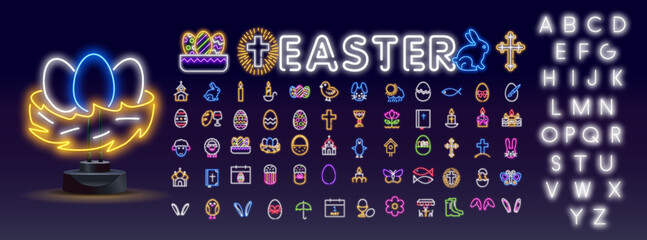 Vector set of realistic isolated neon sign of Easter logo for template decoration and invitation covering on the wall background. Concept of Happy Easter. - 561810341