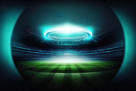 Illustration. Digital football stadium view with an empty, green grass field and blue illumination. Digital background illustration design template with a sports theme. Generative AI