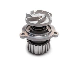 Coolant pump with impeller close-up. Water pump isolate on white background. Car engine detail