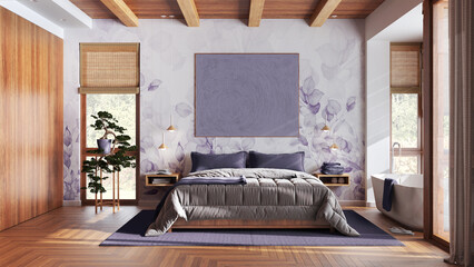 Modern wooden bedroom with bathtub in white and purple tones. Double bed, freestanding bathtub, parquet and wallpaper. Japandi interior design