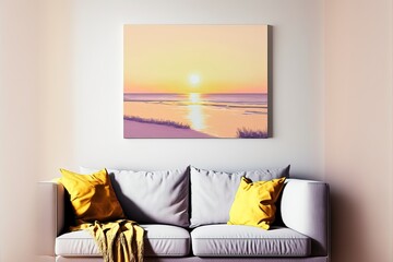 Modern living room with sofa and a landscape Photo. Genrative AI