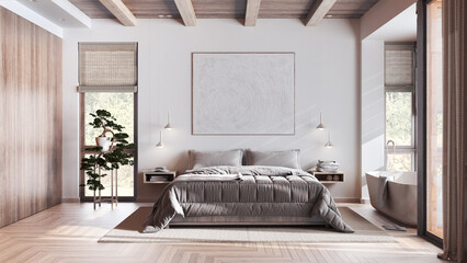 Modern bleached wooden bedroom with bathtub in white and beige tones. Double bed, freestanding bathtub and parquet floor. Japandi interior design